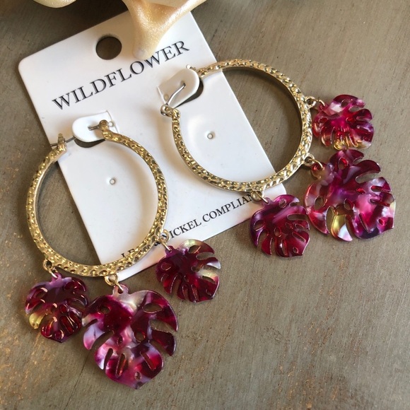 Gold Hoops with Pink Dangle Leaves Earrings - Picture 2 of 3